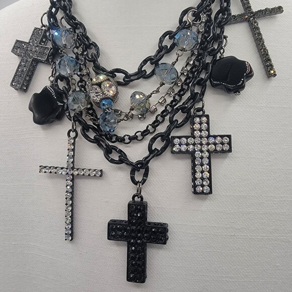 Statement Gothic Inspired Multi Rhinestone Cross Necklace - Picture 2 of 10